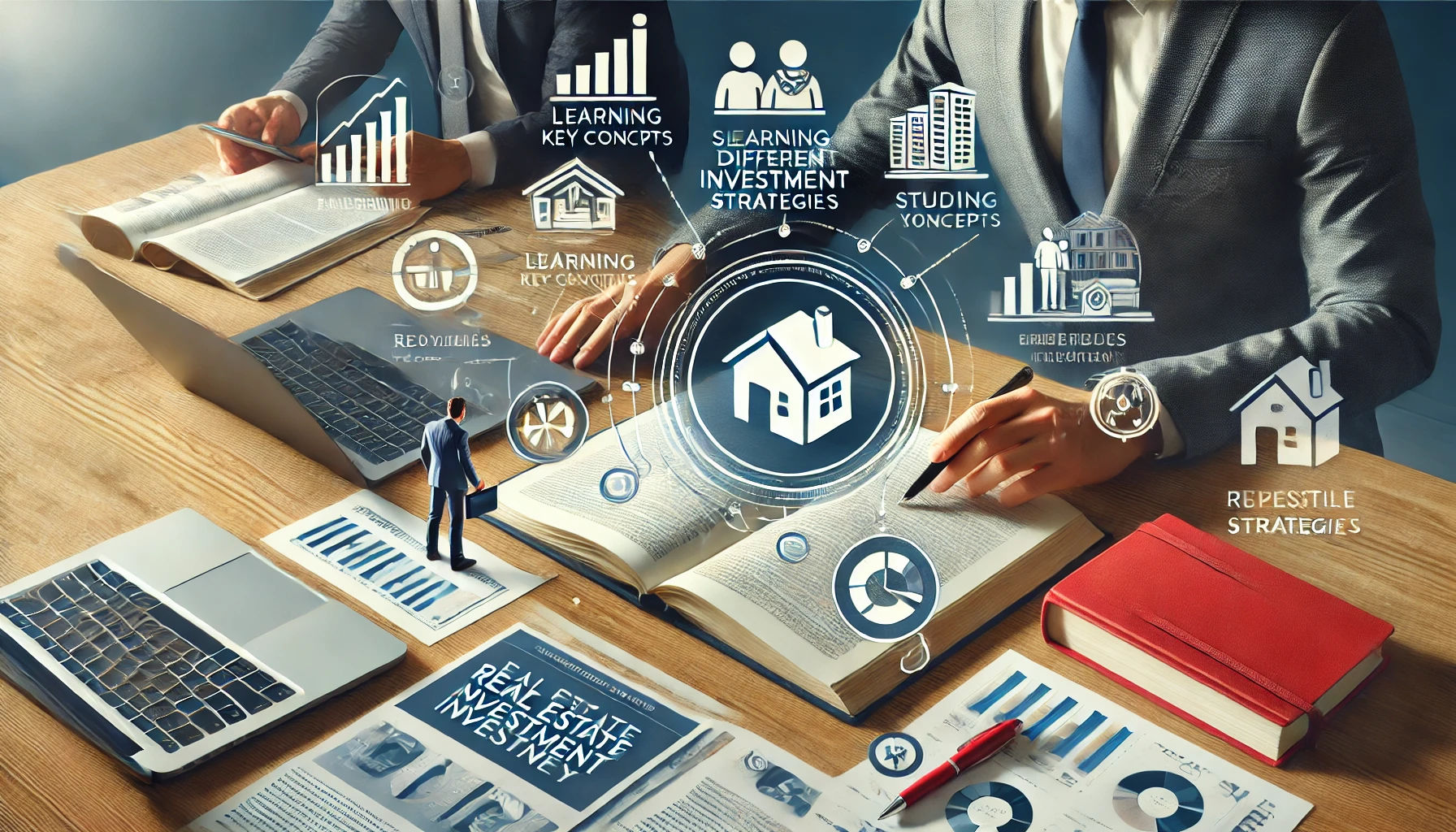 Educated real estate investor studying market data and investment books