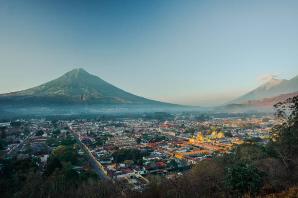 Antigua Guatemala skyline with volcanoes in background