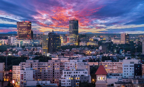 Bucharest skyline showing modern business district and historic buildings