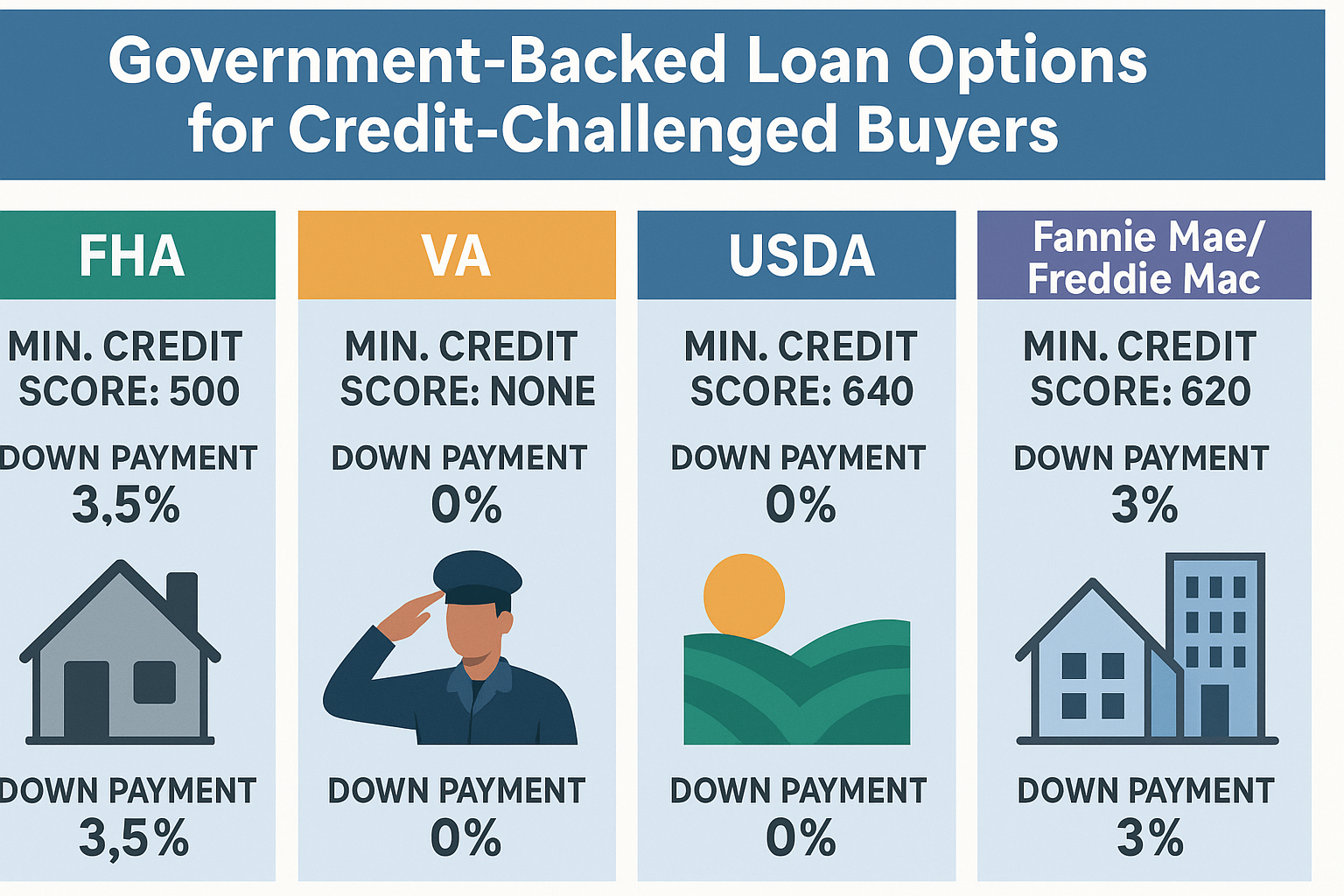 Comparison of government-backed loan programs showing minimum credit scores and down payment requirements