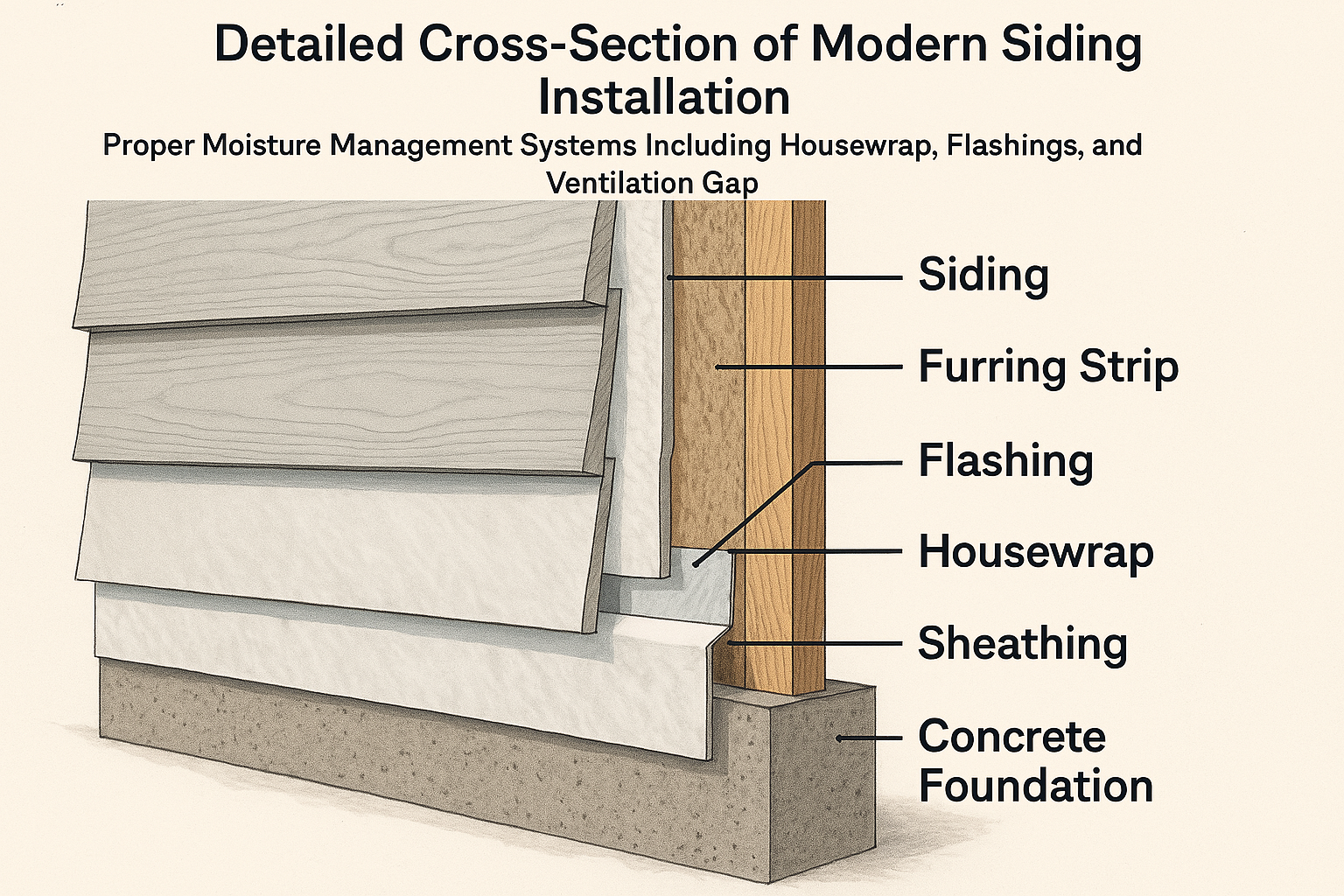 Detailed Cross-Section of Modern Siding Installation Showing Proper Moisture Management Systems Including Housewrap, Flashings, and Ventilation Gap