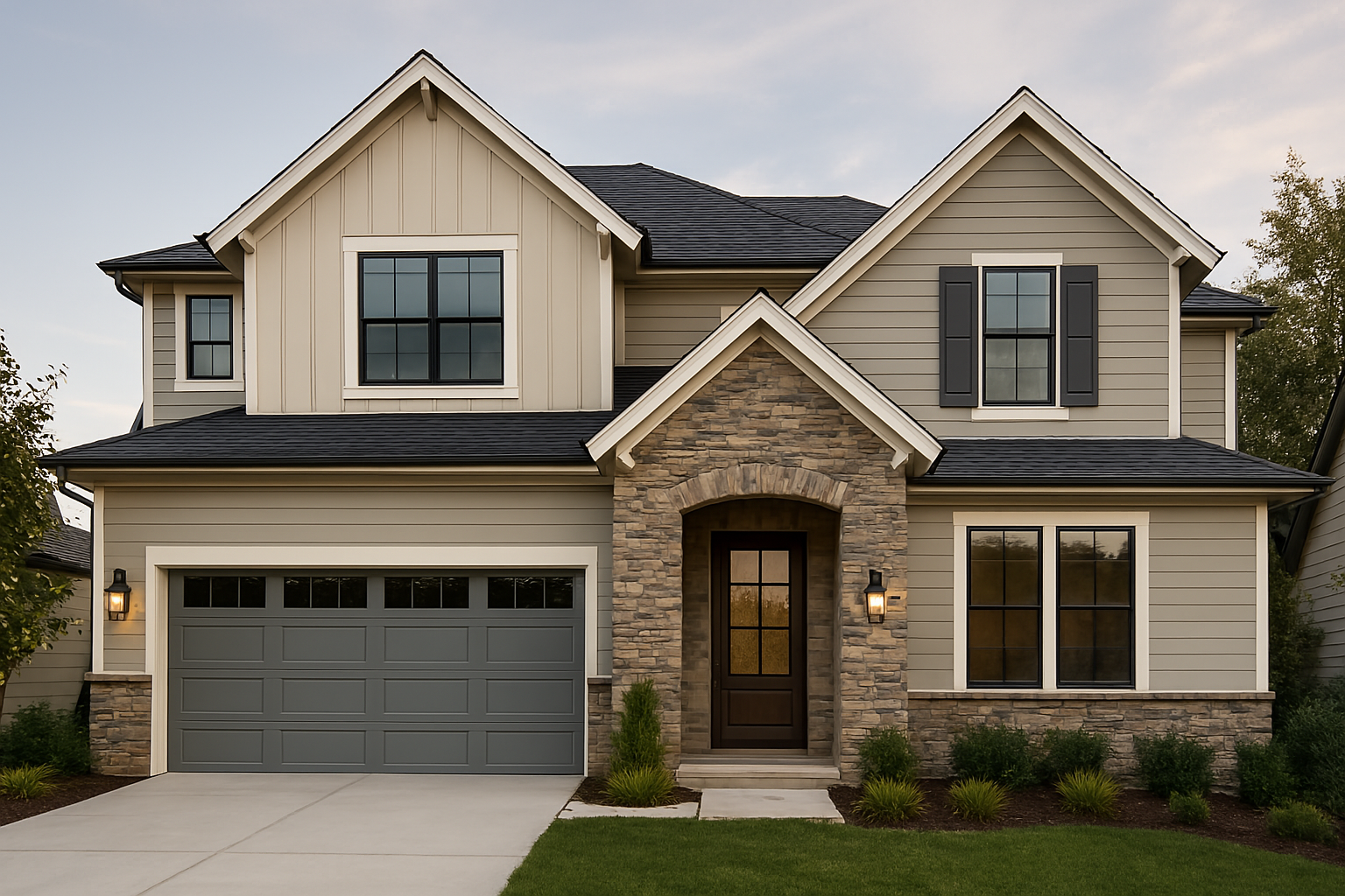 Comparison of Exterior Finish Options Showing Different Siding Materials, Roofing Systems, and Architectural Details