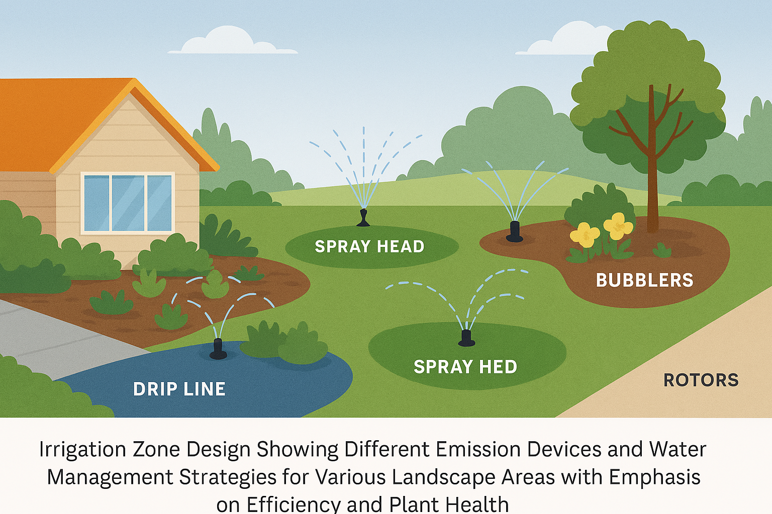 Irrigation Zone Design Showing Different Emission Devices and Water Management Strategies for Various Landscape Areas with Emphasis on Efficiency and Plant Health
