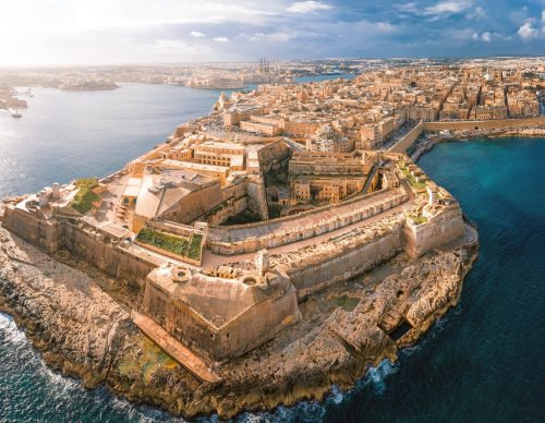 Valletta harbor showing historic buildings and modern developments