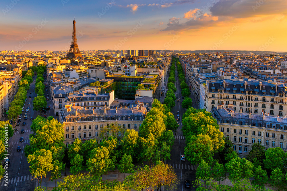 Paris skyline with Eiffel Tower and historic buildings