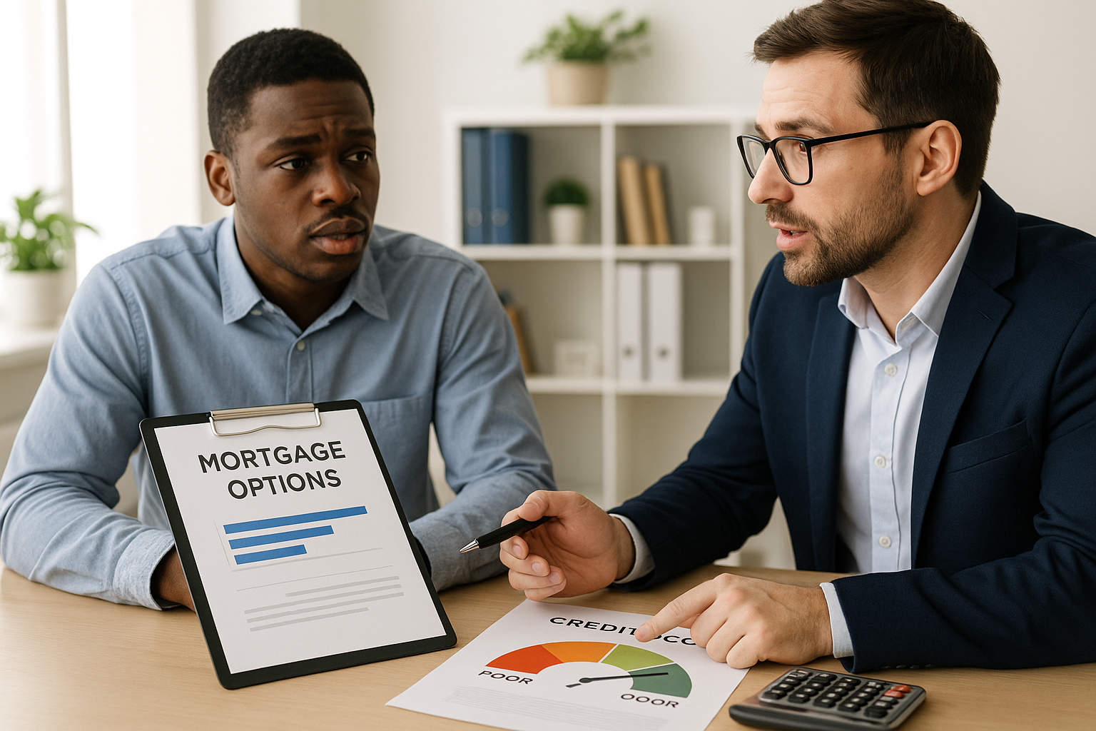 Person reviewing mortgage options with financial advisor despite credit challenges
