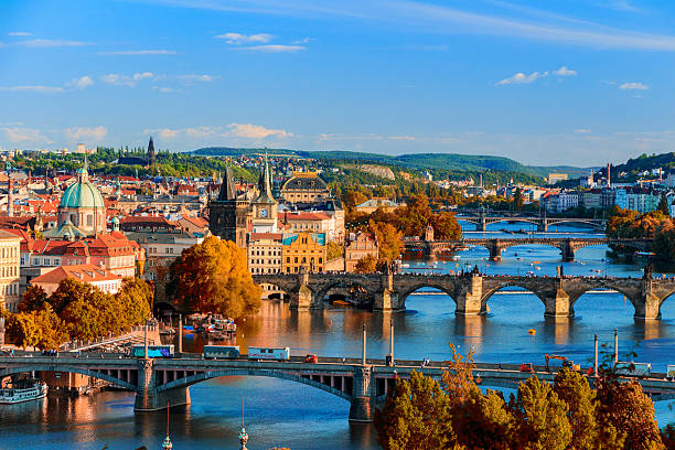 Prague skyline showing modern and historic buildings