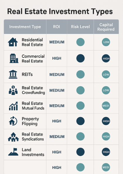Comparison of different real estate investment types showing ROI, risk levels, and capital requirements