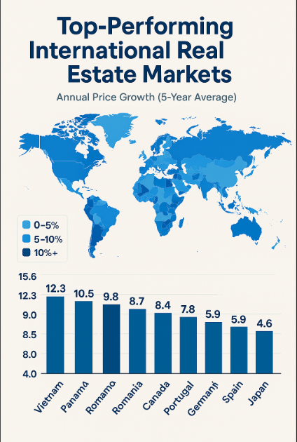 Global real estate investment map showing top-performing international markets and their annual appreciation rates