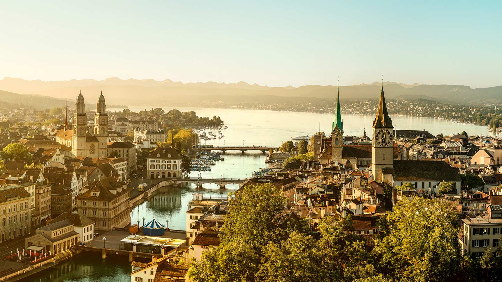 Zurich cityscape showing luxury properties along Lake Zurich