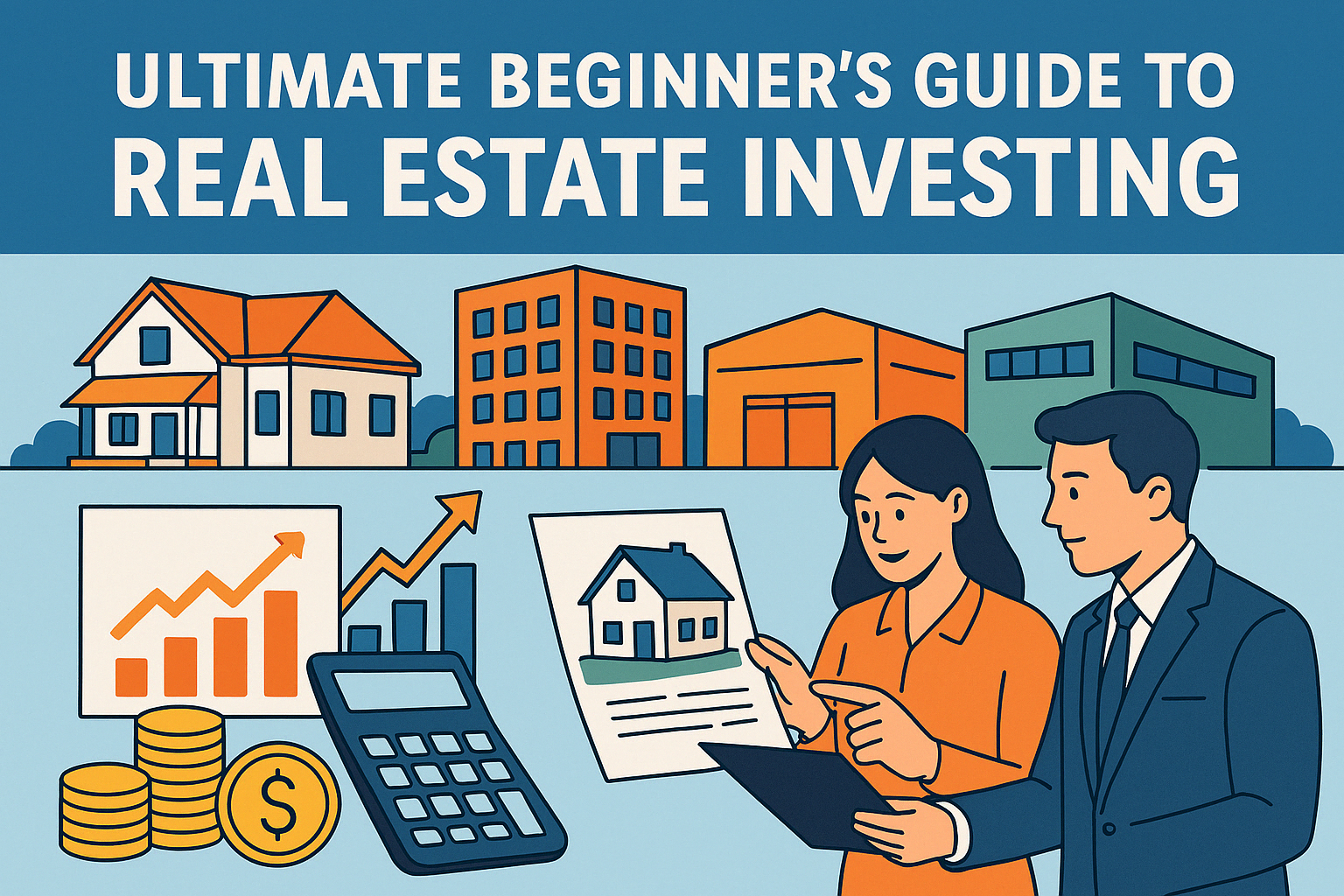 Ultimate beginner's guide to real estate investing showing various investment properties, financial charts, and new investors examining potential opportunities