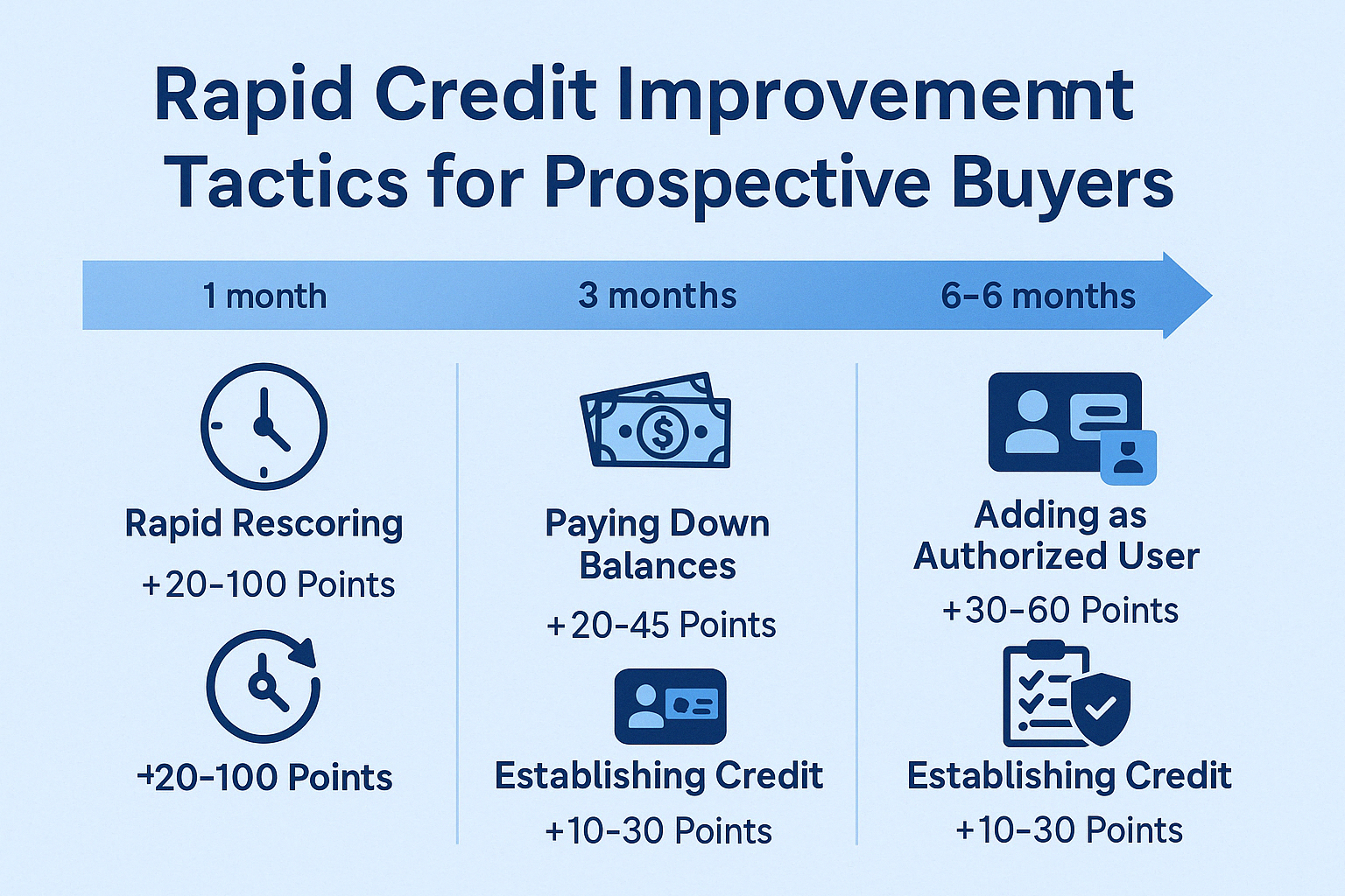 Timeline showing credit score improvement methods and expected results over 3-6 months