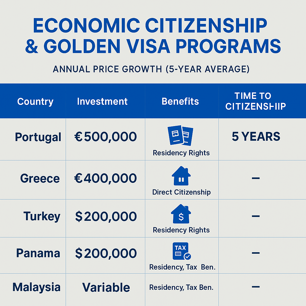 Comparison chart of golden visa programs showing investment thresholds, benefits, and timeline to citizenship across different countries