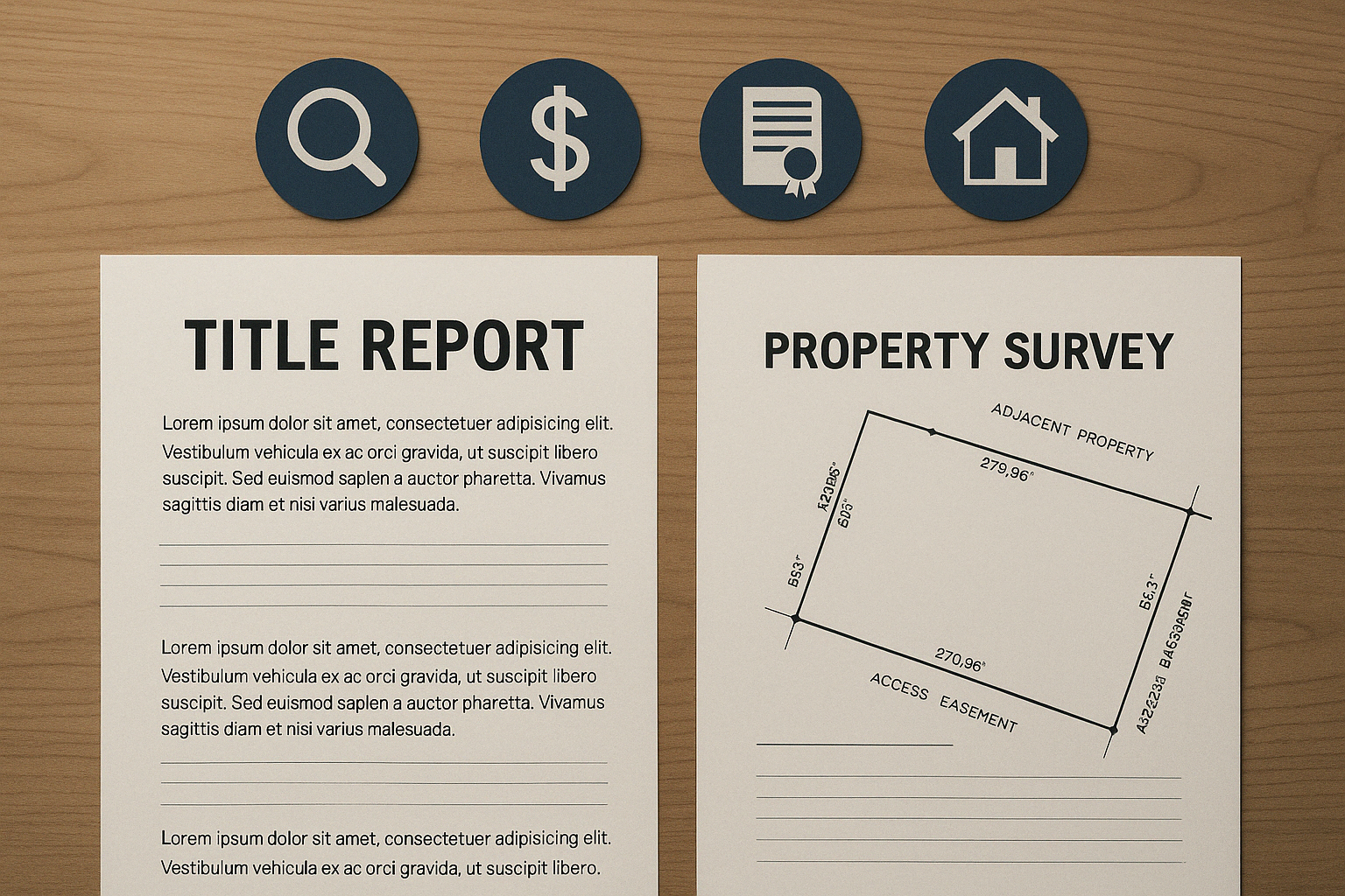 Image showing key components of property document analysis with sample title report and survey document
