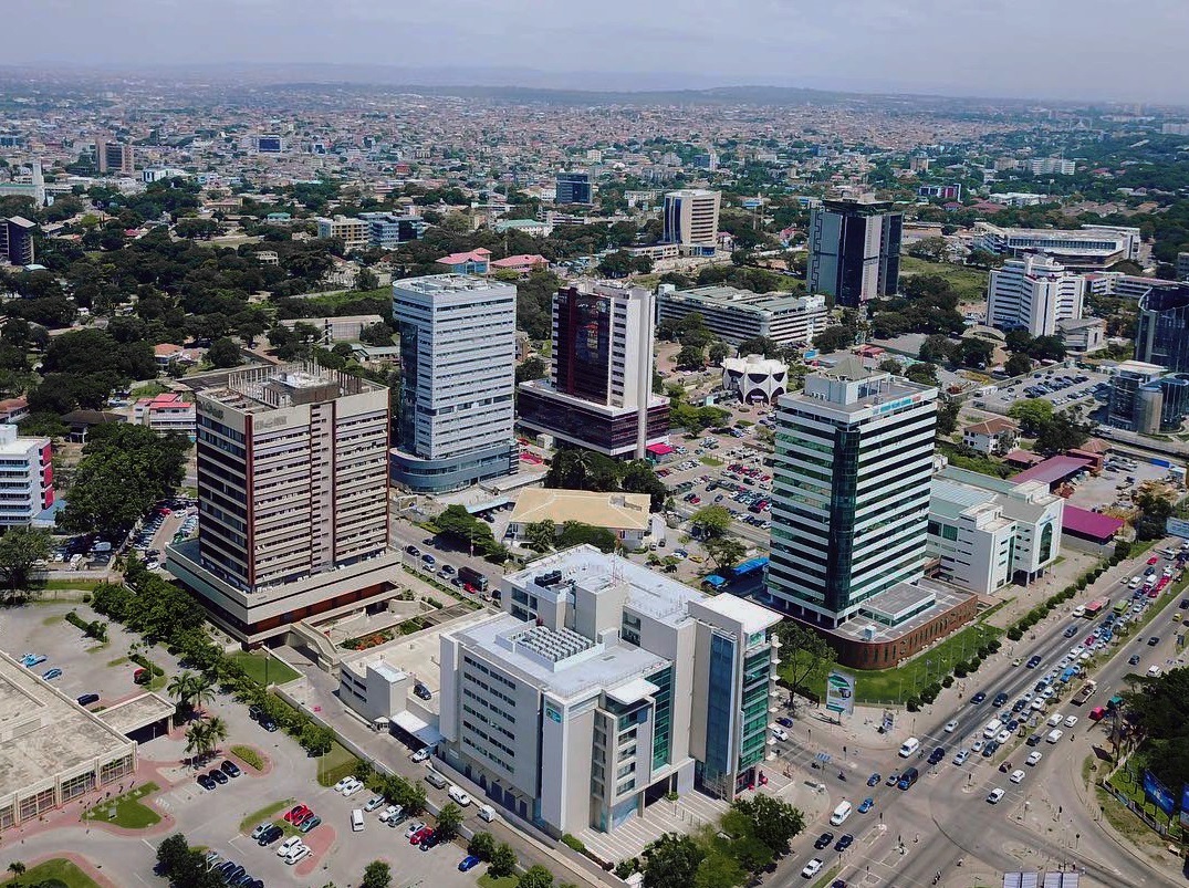 Accra skyline showing modern and traditional buildings