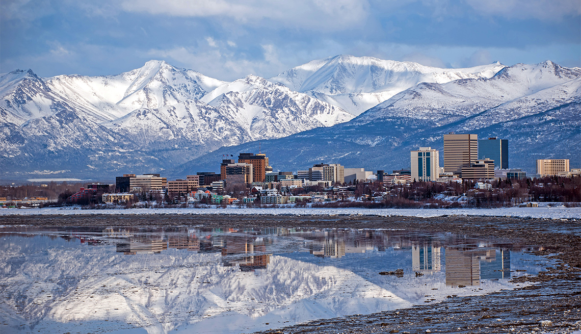 Anchorage Alaska skyline with mountain backdrop