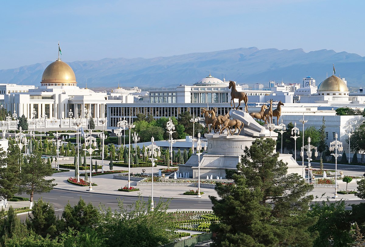 Ashgabat cityscape showing marble buildings and modern architecture
