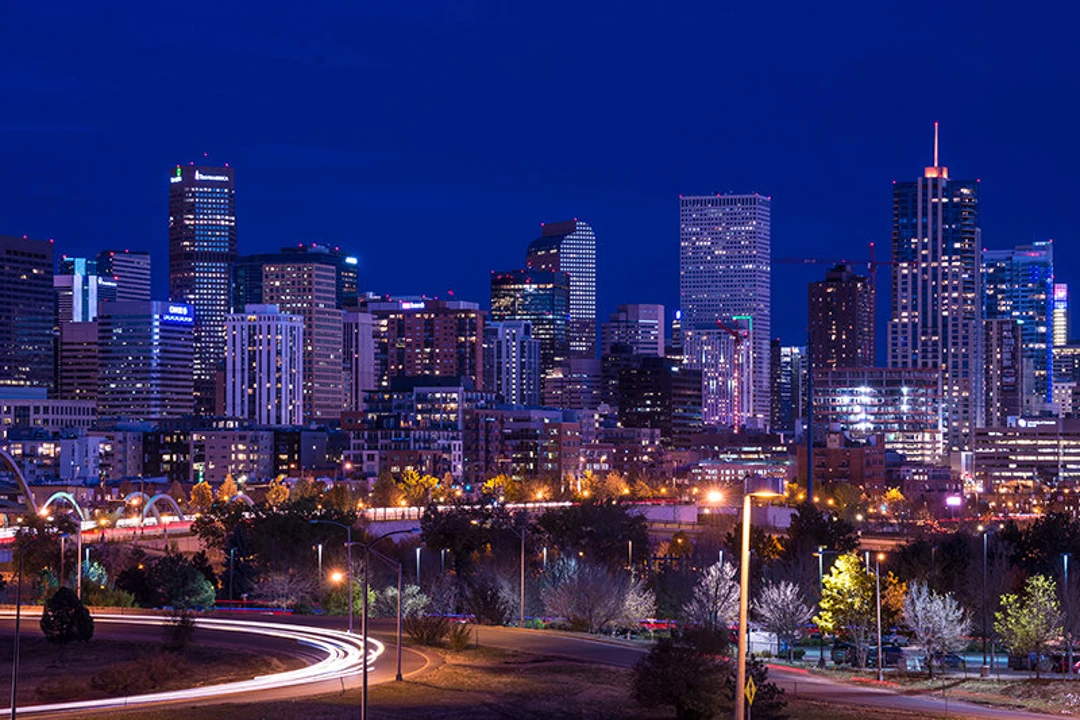 Denver skyline with Rocky Mountains backdrop