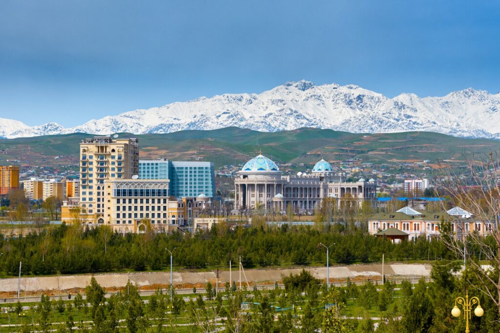 Dushanbe city panorama with mountains in background