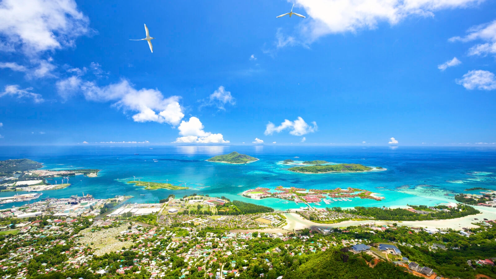 Aerial view of Mahé Island, Seychelles showing pristine beaches and lush mountains