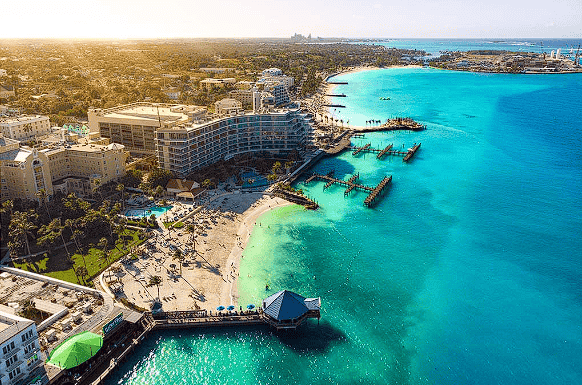 Nassau waterfront with luxury developments and cruise ships