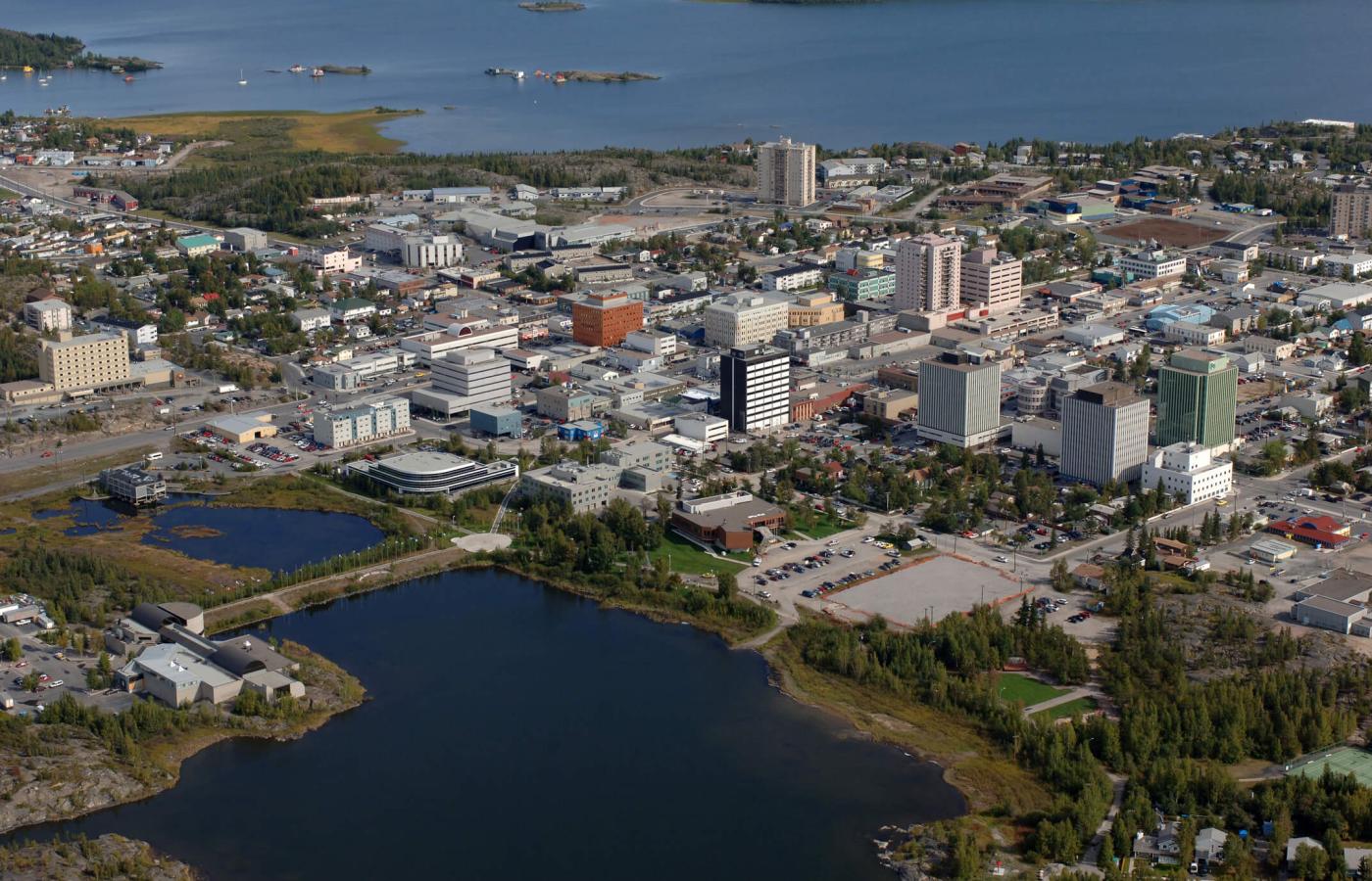 Yellowknife skyline with Great Slave Lake in background
