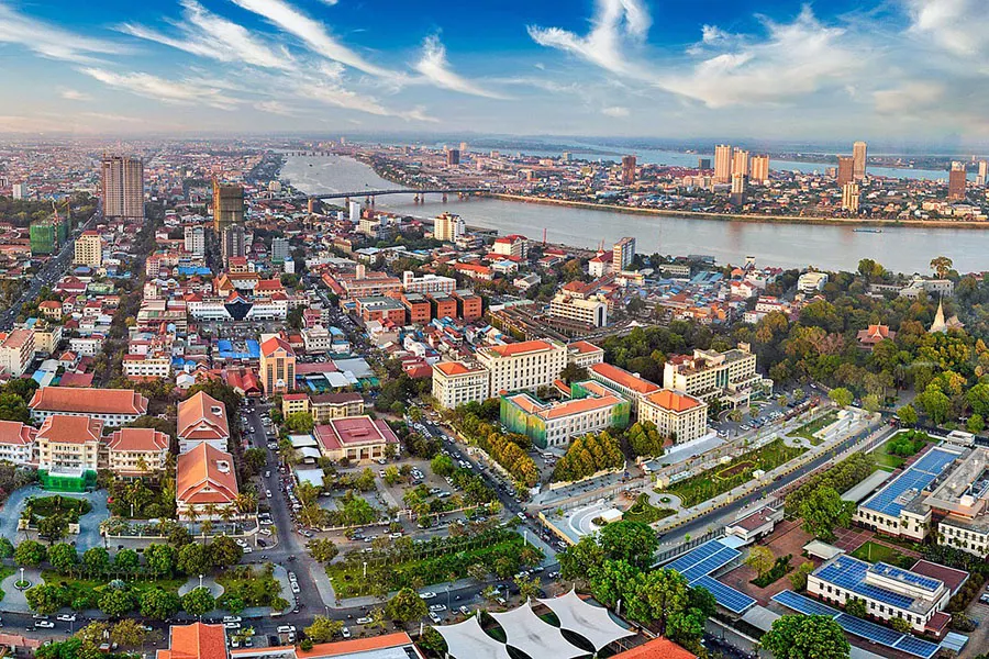 Phnom Penh skyline showing modern buildings along the Mekong River