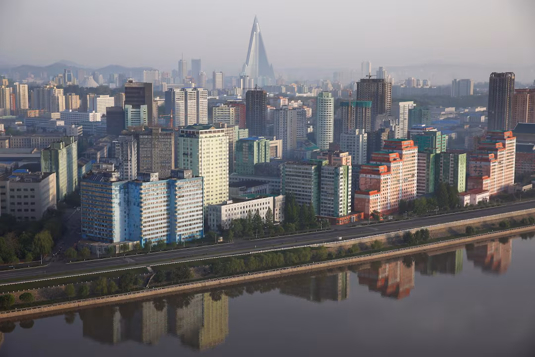Skyline of Pyongyang showing modern and traditional buildings