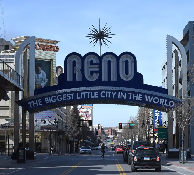 Reno Nevada skyline with Sierra Nevada mountains