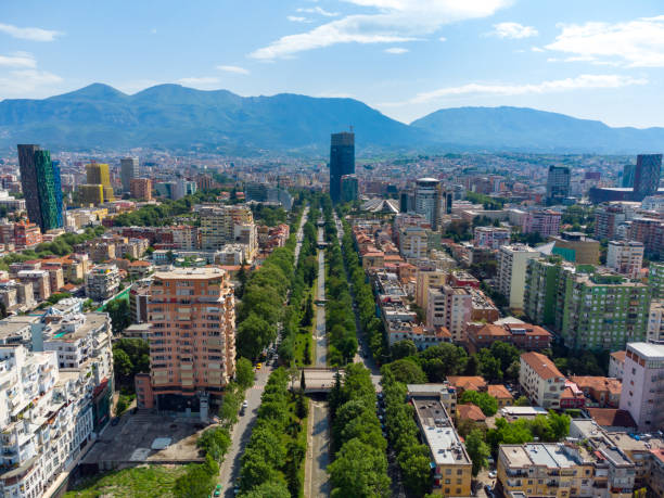 Tirana skyline showing modern buildings and mountains