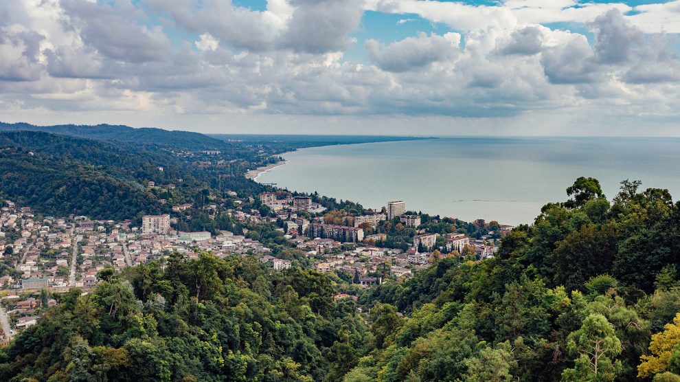 Black Sea coast of Abkhazia showing beaches and mountains