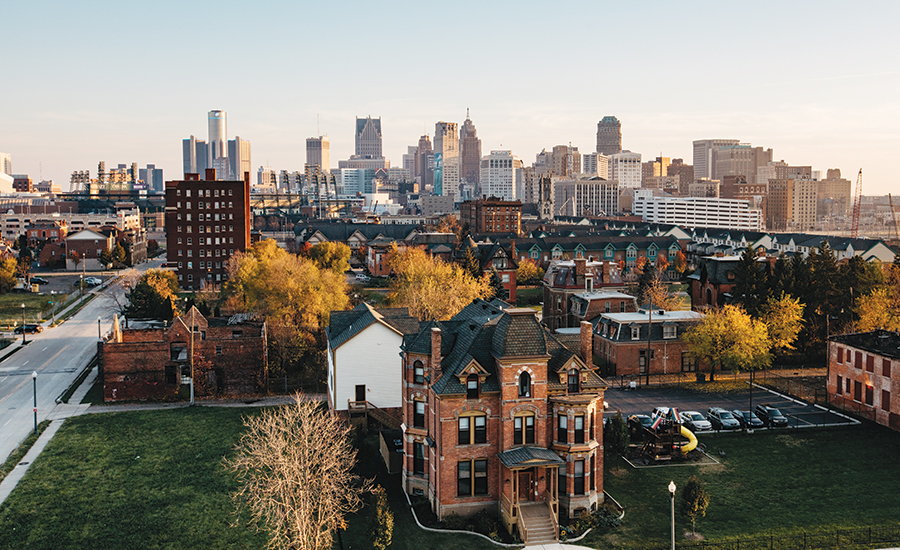 Detroit skyline showing urban revival and waterfront development