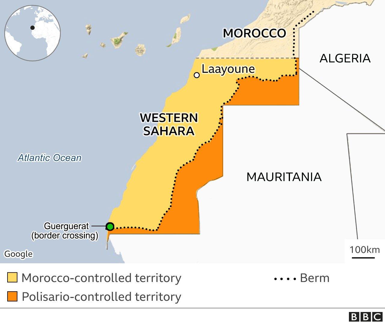 Map showing Western Sahara and its disputed territories