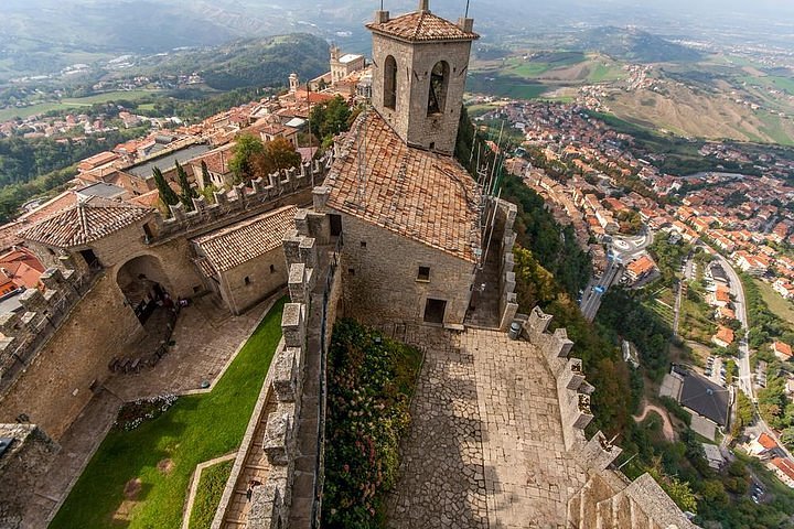 Historic center of San Marino with Mount Titano in the background