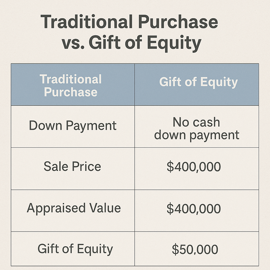 Comparison chart showing traditional purchase with cash down payment versus gift of equity structure