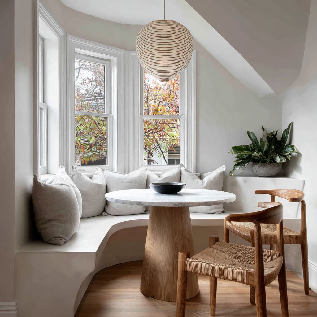 Breakfast nook addition with built-in seating and natural light
