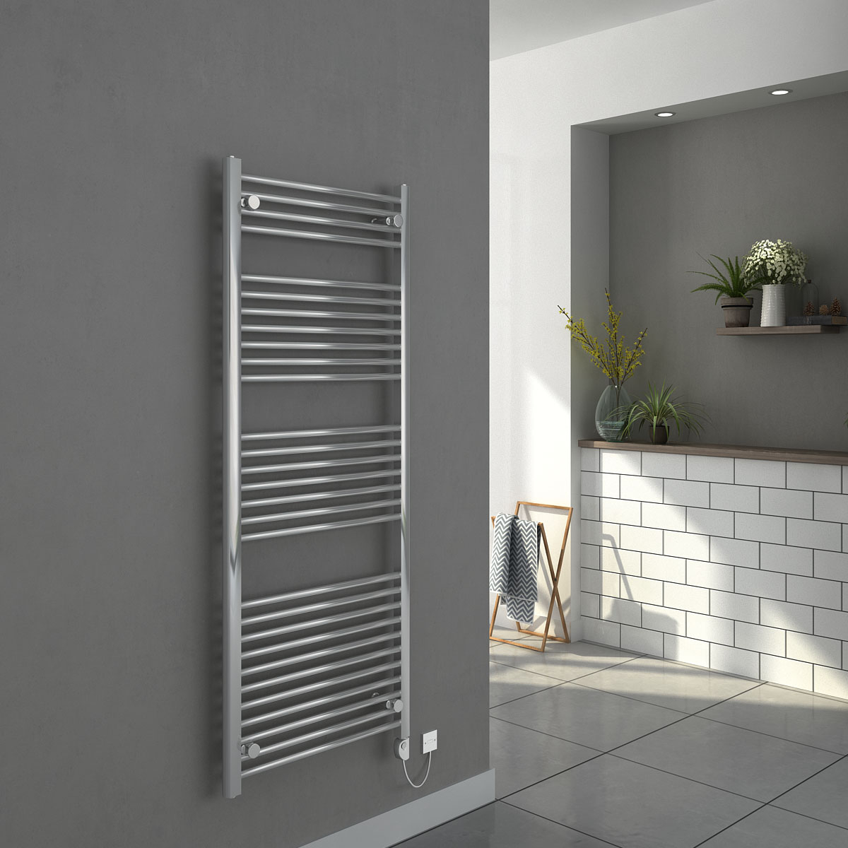 Electric heated towel warmer rack installed in modern bathroom with chrome finish and timer controls
