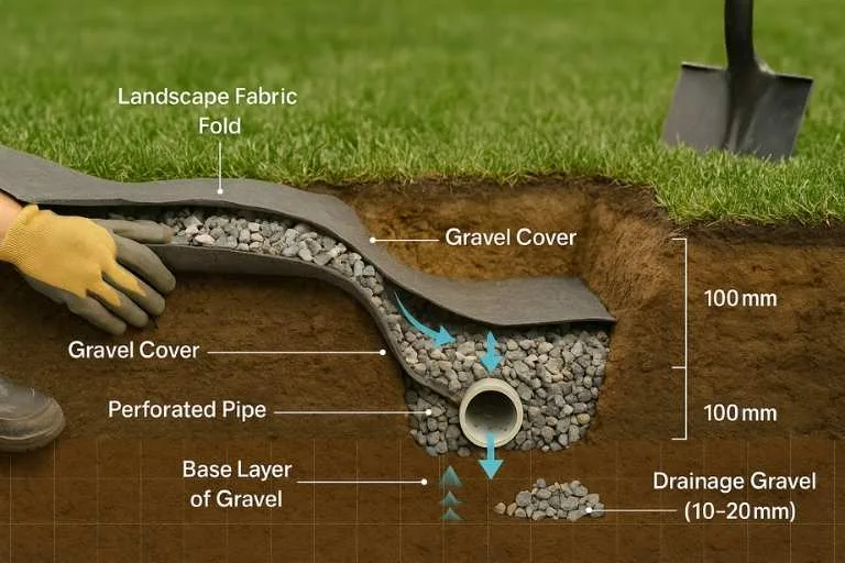 Professional French drain system installation perforated pipe gravel drainage foundation protection water management