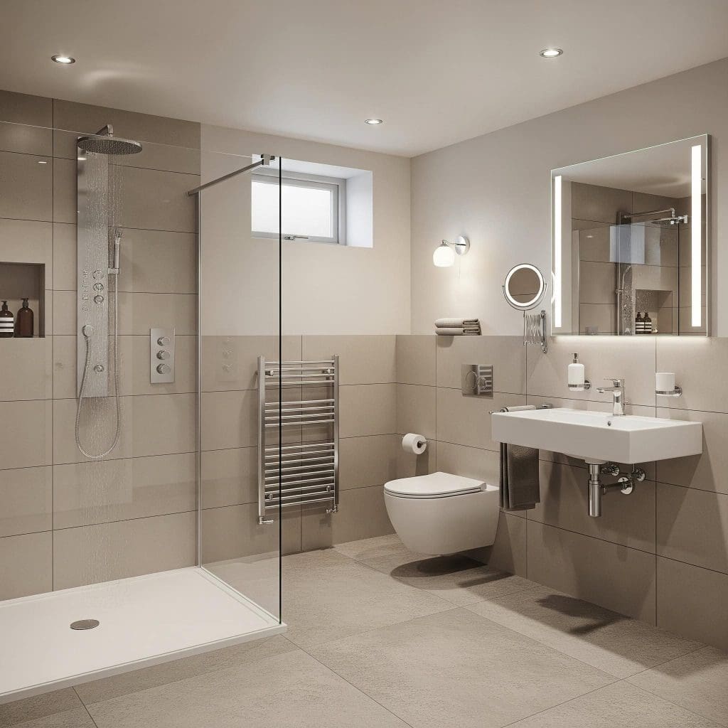 Professional basement bathroom addition full bath toilet sink shower tile modern below-grade installation