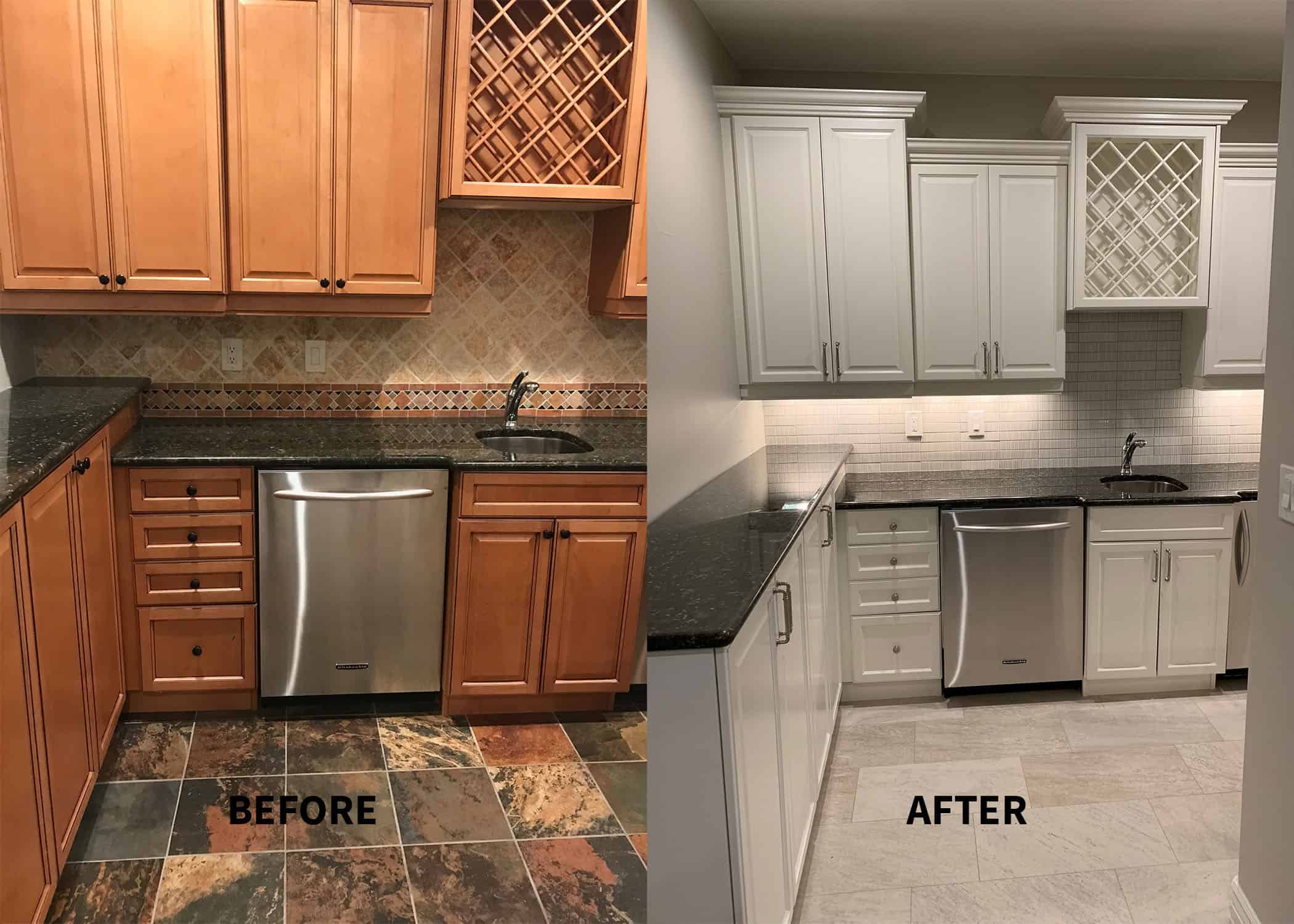 Professional kitchen cabinet painting transformation from dark wood to white with smooth spray finish