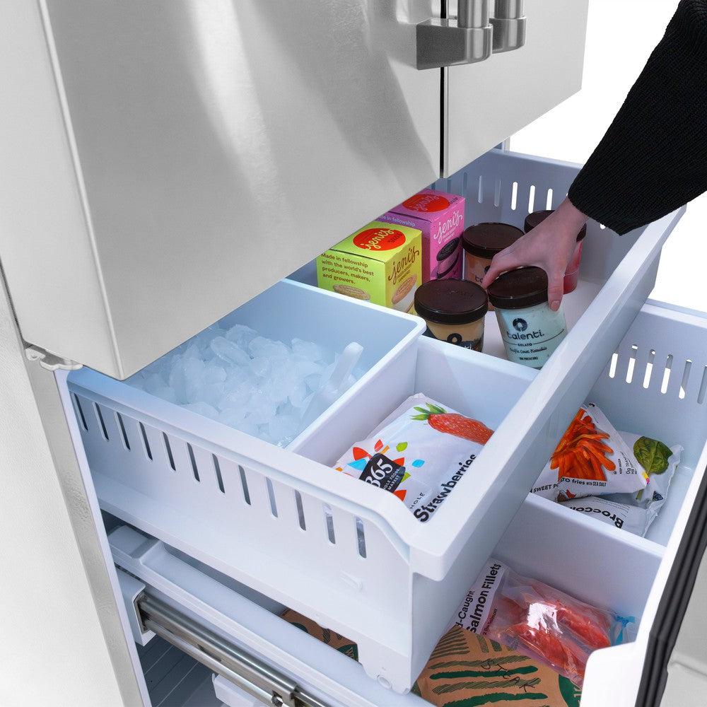 Professional refrigerator installation with French door stainless steel model water line connection and leveling