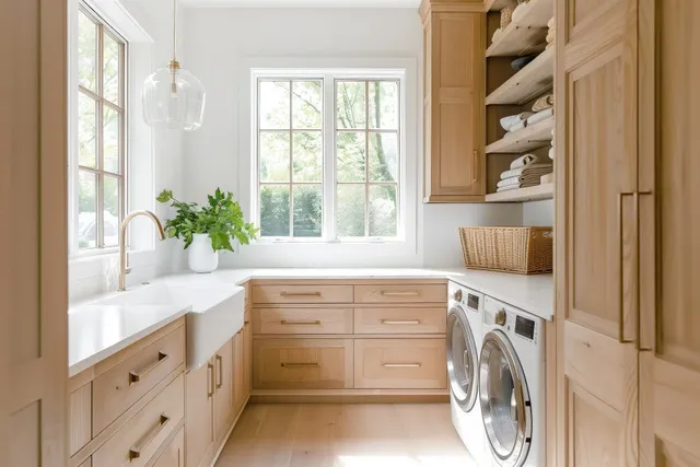 Professional laundry room remodel modern cabinets countertop utility sink washer dryer storage organization durable flooring bright lighting efficient layout