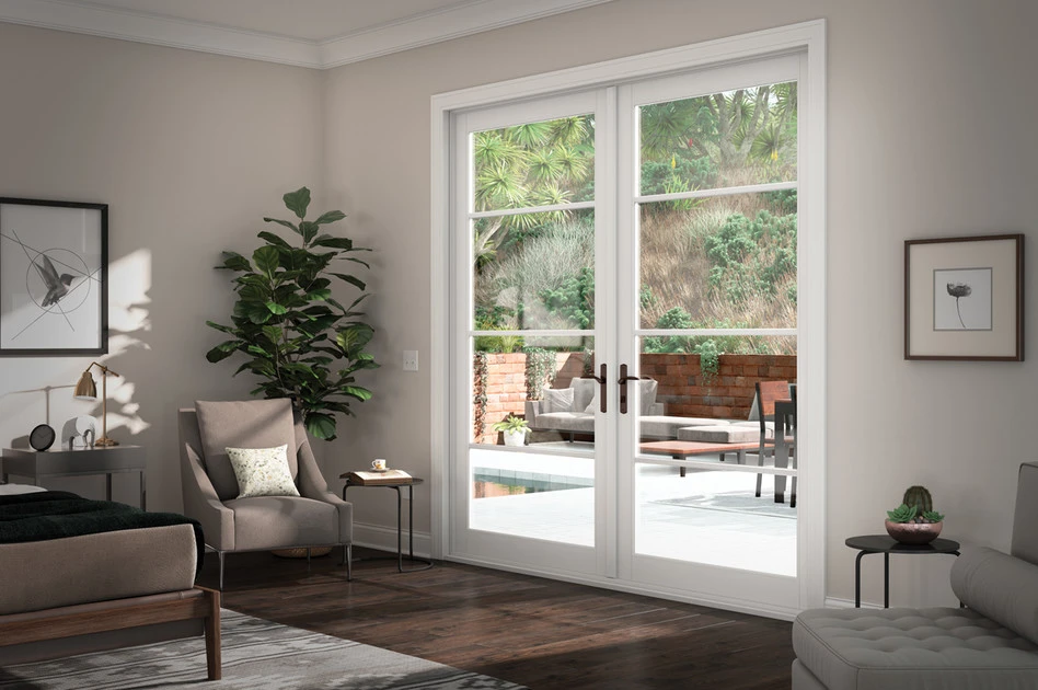 professional french door installation exterior patio doors double door alignment shims level plumb sill pan flashing tape drip cap weatherstripping threshold adjustment multipoint lock astragal glass grids low-e argon energy efficient fiberglass steel clad wood