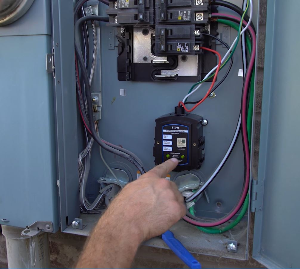 whole house surge protector installation SPD type 1 type 2 main electrical panel breaker surge protection device UL 1449 grounding clamping voltage joule rating electrician