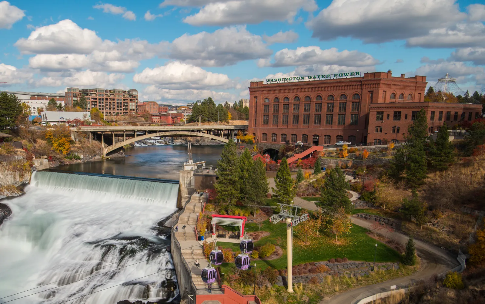 Spokane downtown skyline with Riverfront Park and falls
