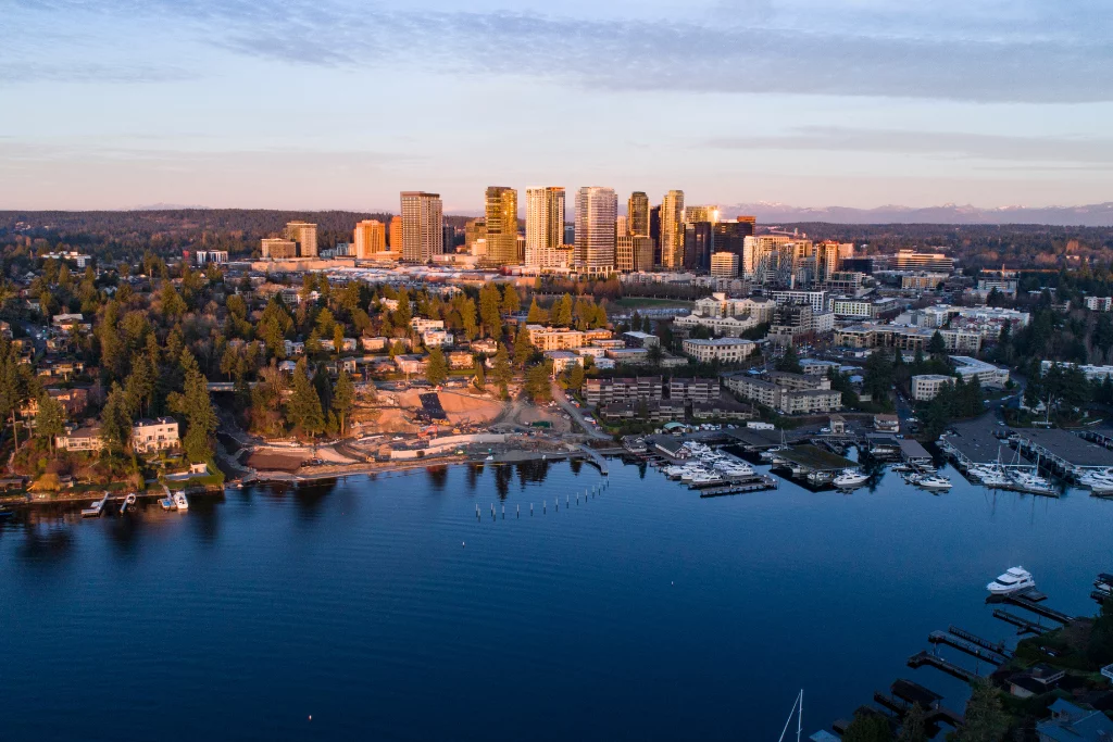 Bellevue downtown skyline with Lake Washington and Cascades