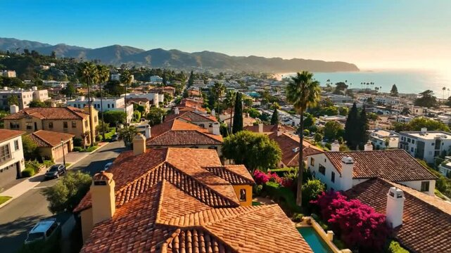 Santa Barbara coastline with mountains and Spanish Colonial architecture