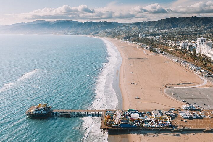 Santa Monica pier and beach with California coast