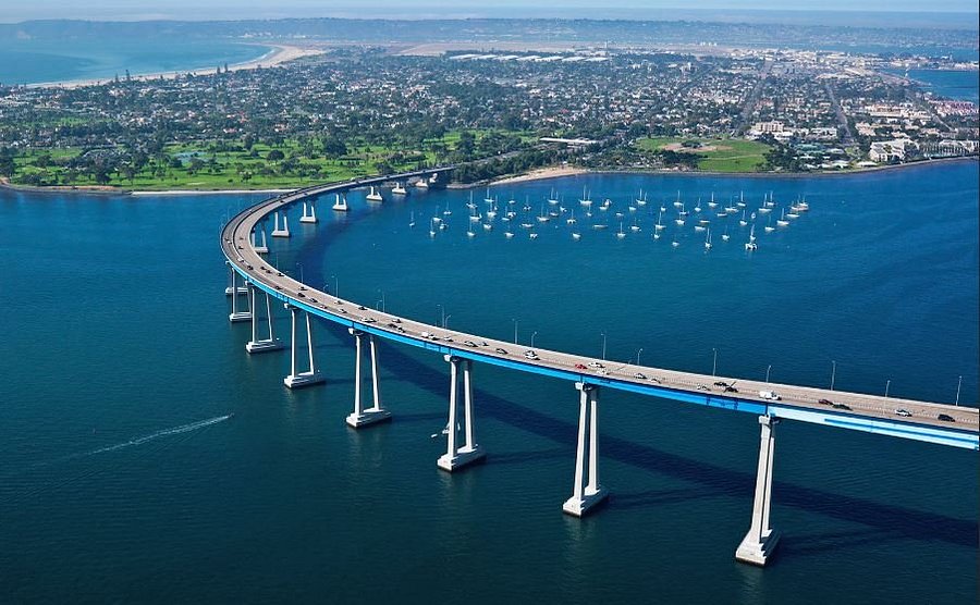 San Diego skyline with Coronado Bay Bridge and Pacific Ocean