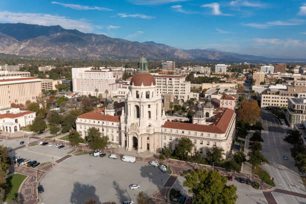 Pasadena City Hall and Old Pasadena with San Gabriel Mountains backdrop